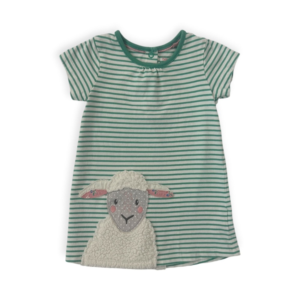 Baby Boden Girls Green Striped Sheep Dress 6-12M Short Sleeve Cotton